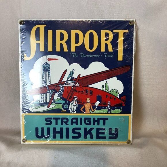 Vintage Ande Rooney Porcelain AIRPORT STRAIGHT WHISKEY Advertising Sign Airplane - Picture 1 of 4